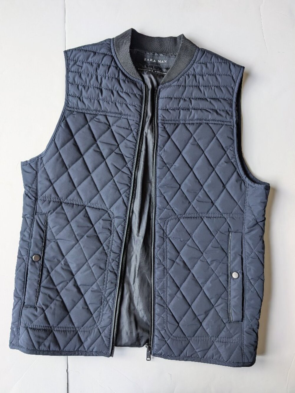 Zara Men Diamond Quilted Vest Jacket Navy Full Zip Nylon Preppy Men's Sz:M